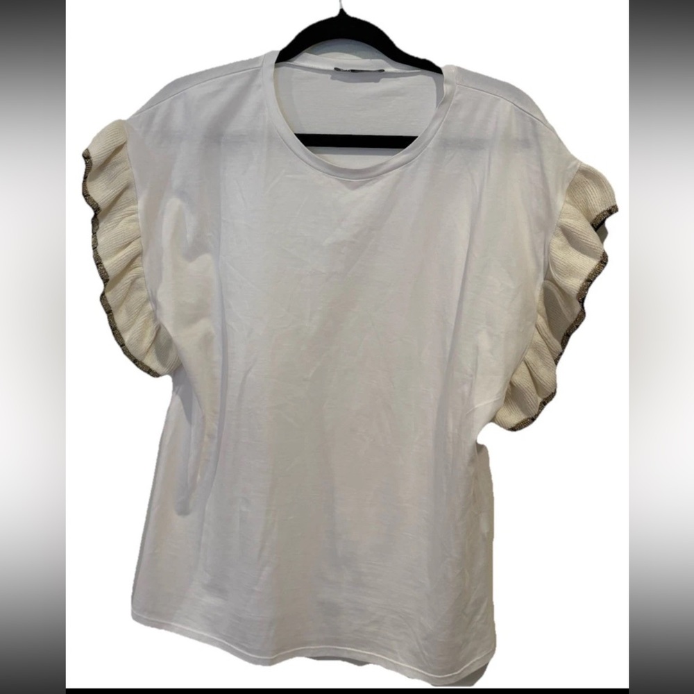 ZARA White Ruffled Tricot Knit Cap Sleeves Top Size Large